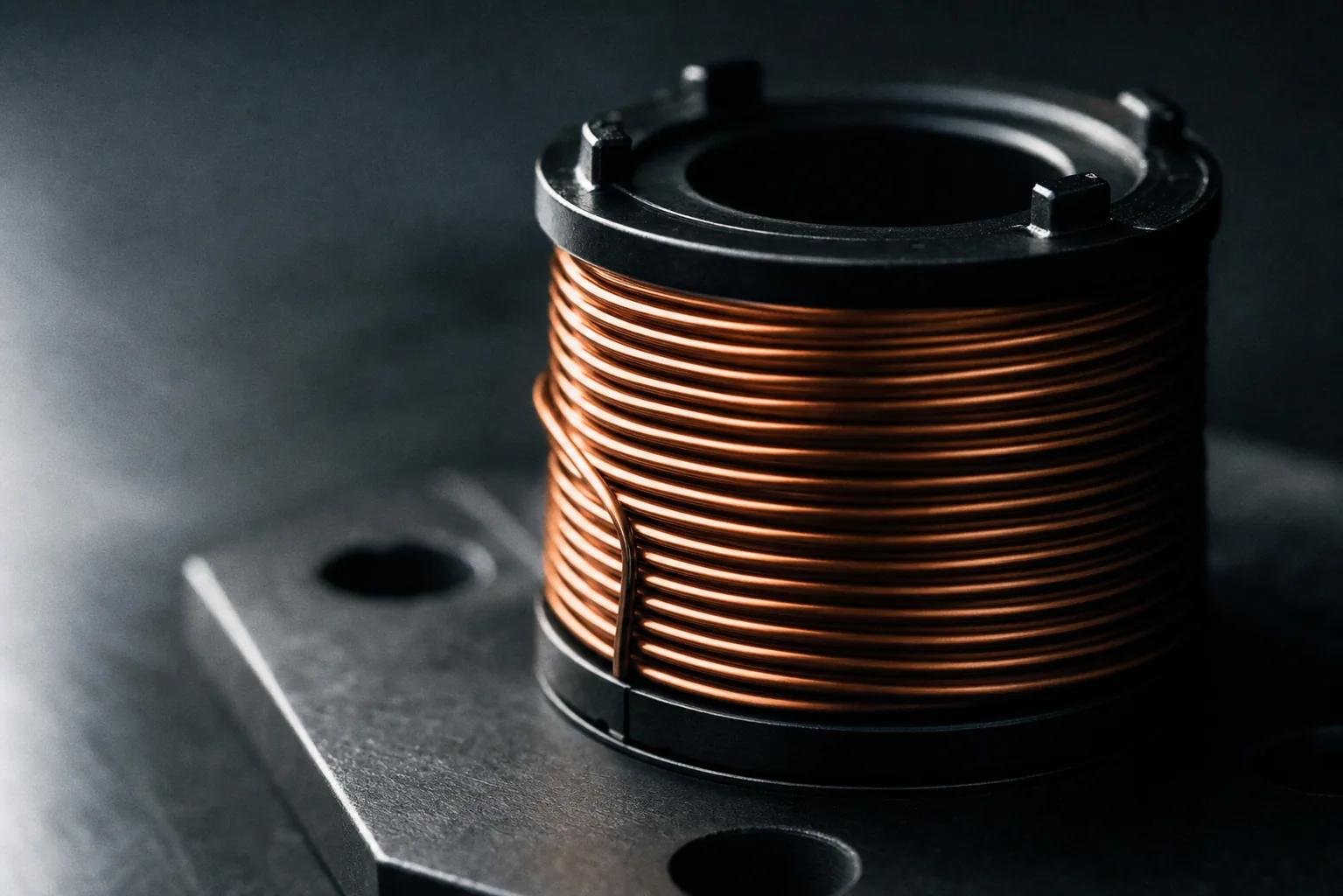 A tightly wound copper magnet wire coil photographed close up.
