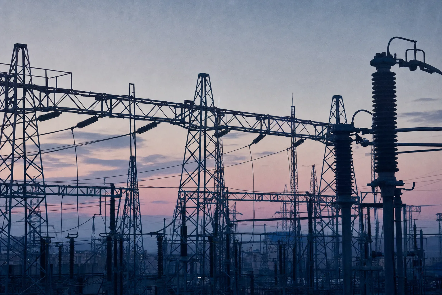 Transmission structures, insulator stacks, and busbars silhouetted against a pale dusk sky at a high-voltage substation