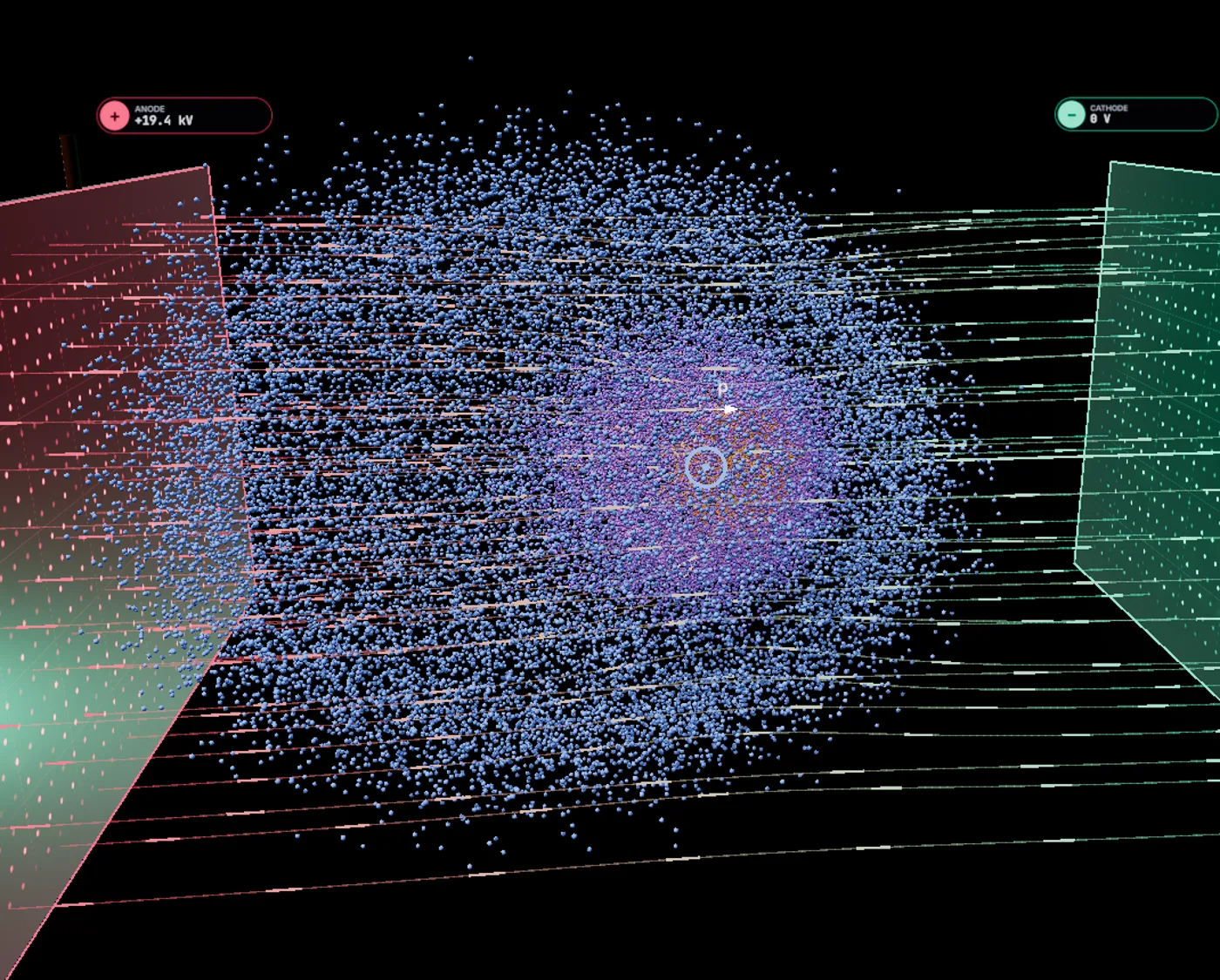 Live simulation of a copper atom's electron cloud between two charged plates, with glowing field lines running from the positive to the negative plate